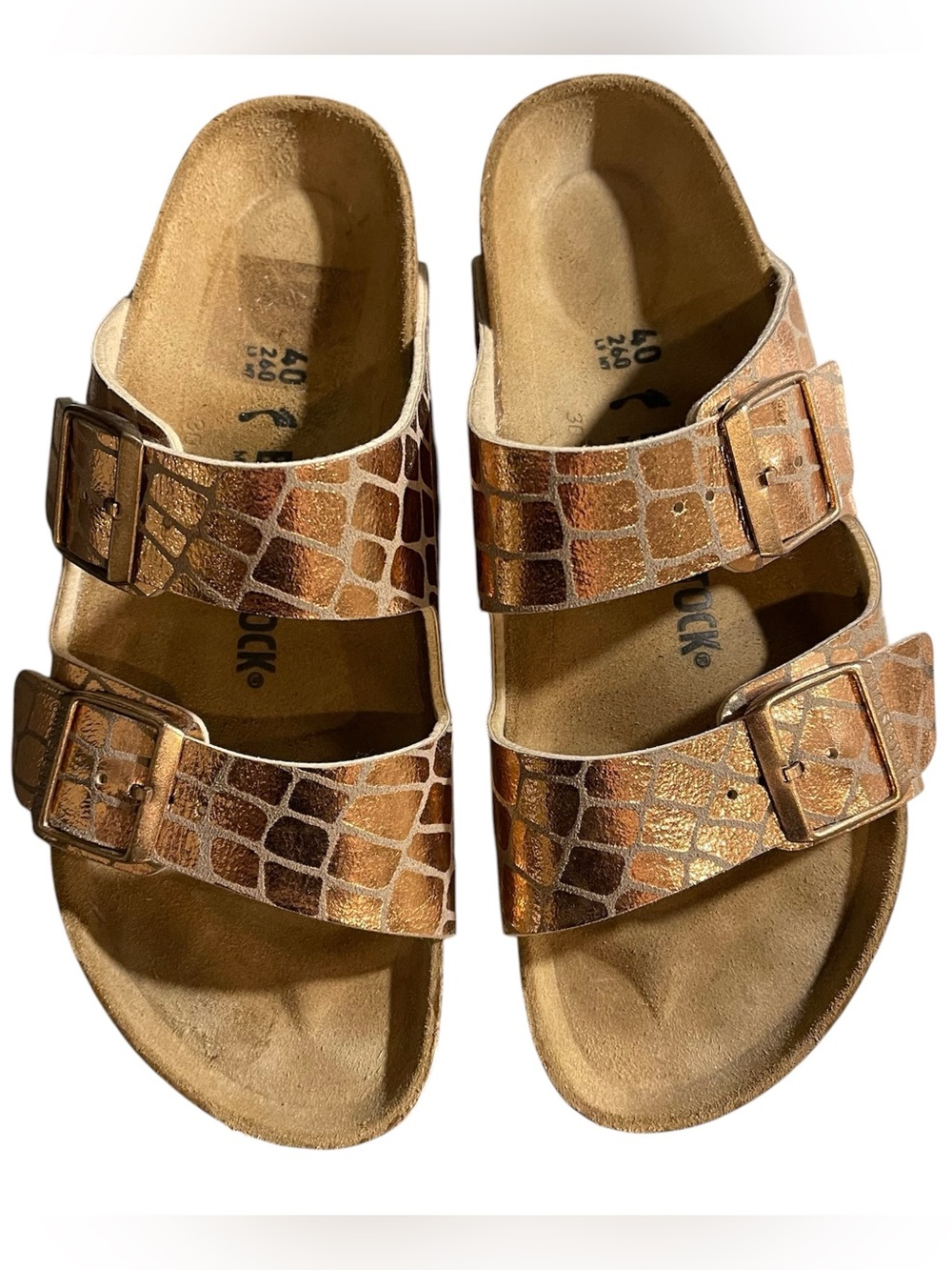 Birkenstock Arizona Gator Gleam Metallic Copper Sandals Ladies 9/40